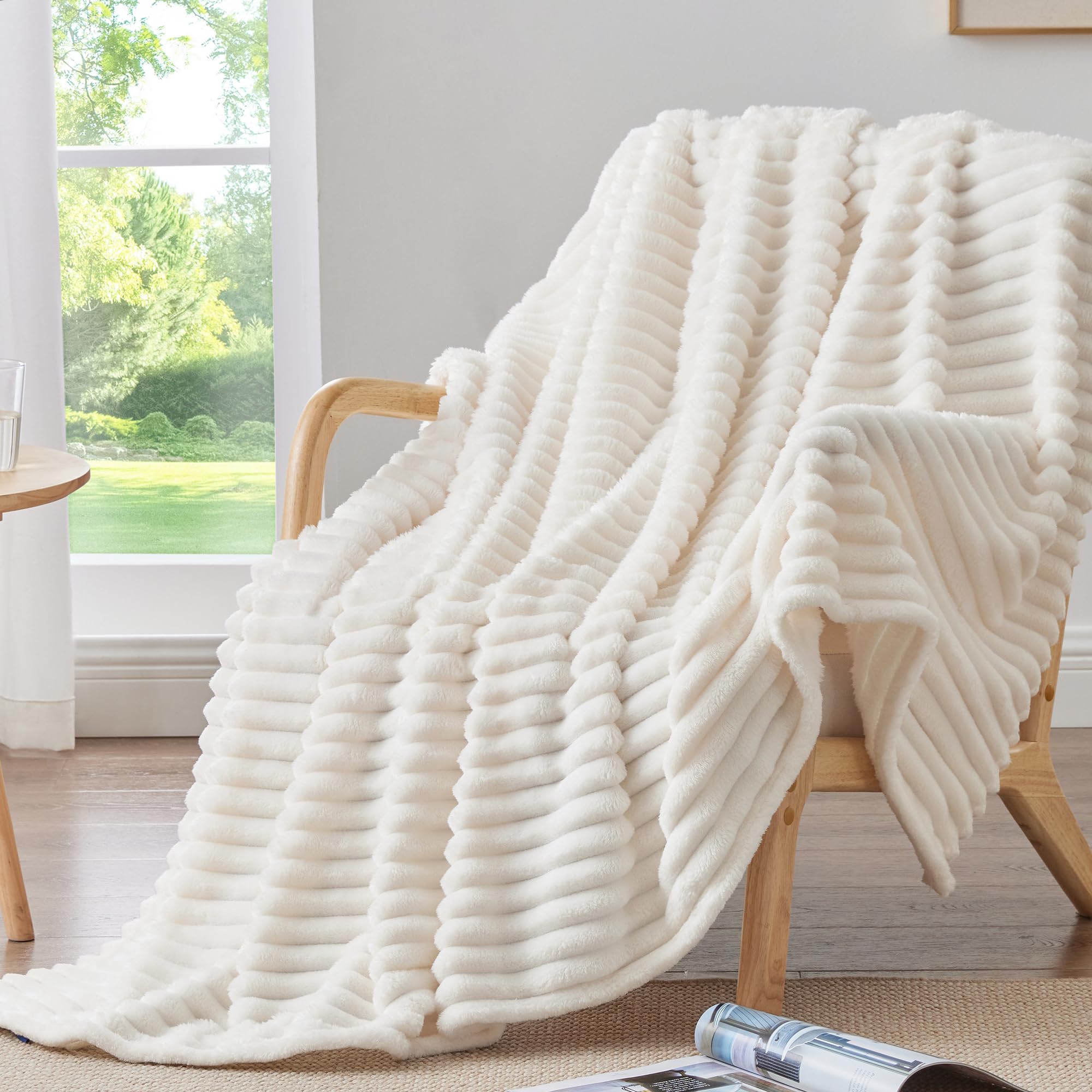 BEDELITE Fluffy Fleece Throw Blanket, Striped Decorative Soft Warm Gift for Sofa Bed Couch, Throw Size, Cream White — view 8