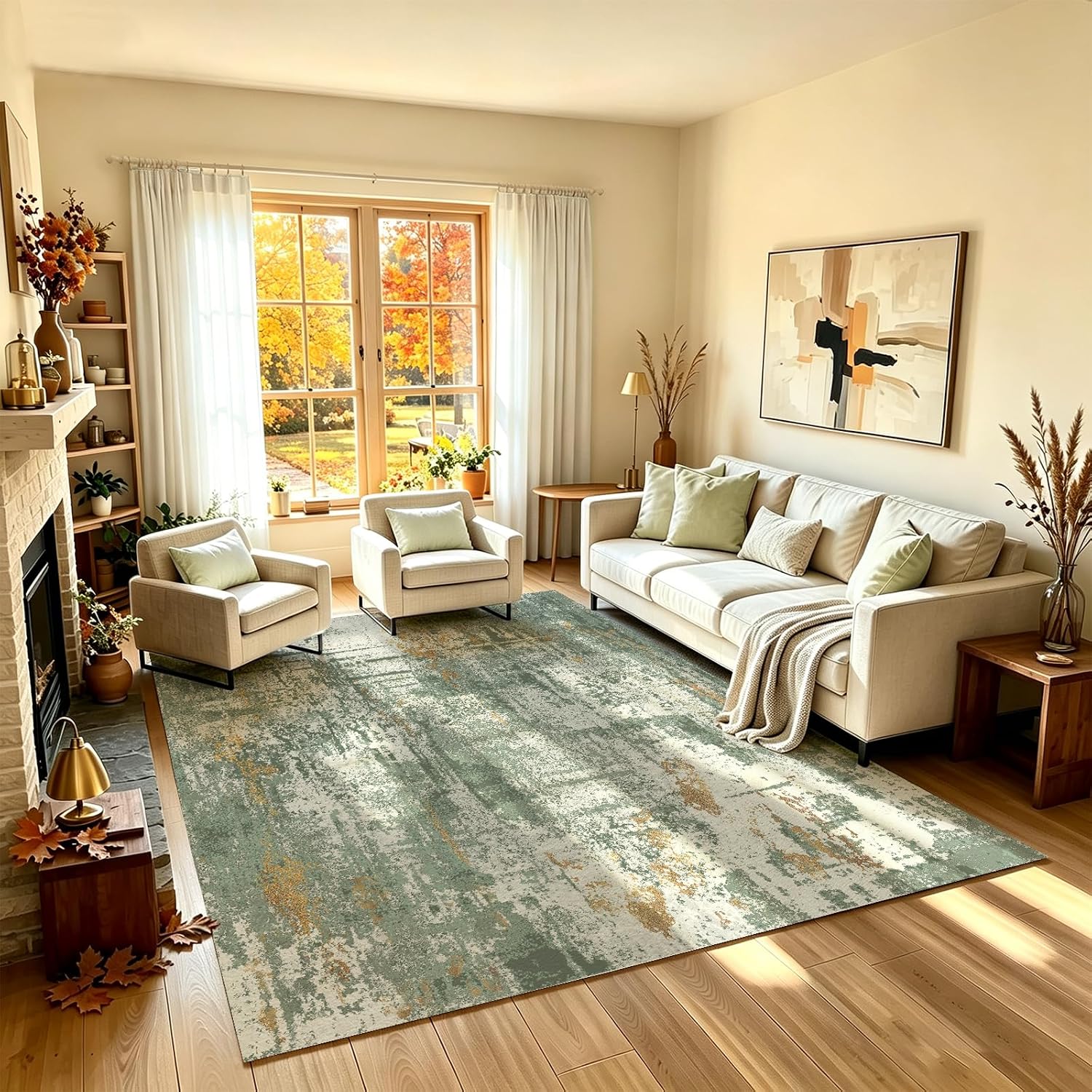 Washable 5x7 Rug Abstract： Modern Non Slip Area Rugs for Living Room Bedroom Nursery Thin Neutral Indoor Carpet Soft Floor Mat for Aesthetic Room Decor(Green/Gold,5x7)