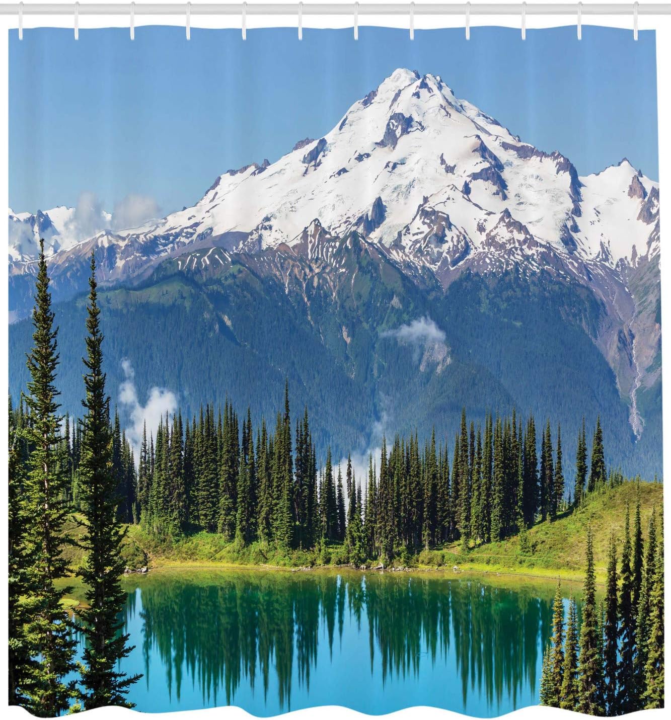 Ambesonne Landscape Shower Curtain, Majestic Glacier Peak in Washington Tree in Water Meadow Hiking Artwork Print, Cloth Fabric Bathroom Decor Set with Hooks, 69" W x 75" L, Green Blue