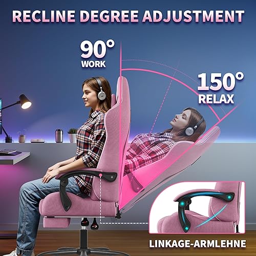 Miniatura 7 de SITMOD Silla de juegos de tela con reposapiés, silla de computadora transpirable con reposacabezas y almohada lumbar, silla ergonómica grande y alta