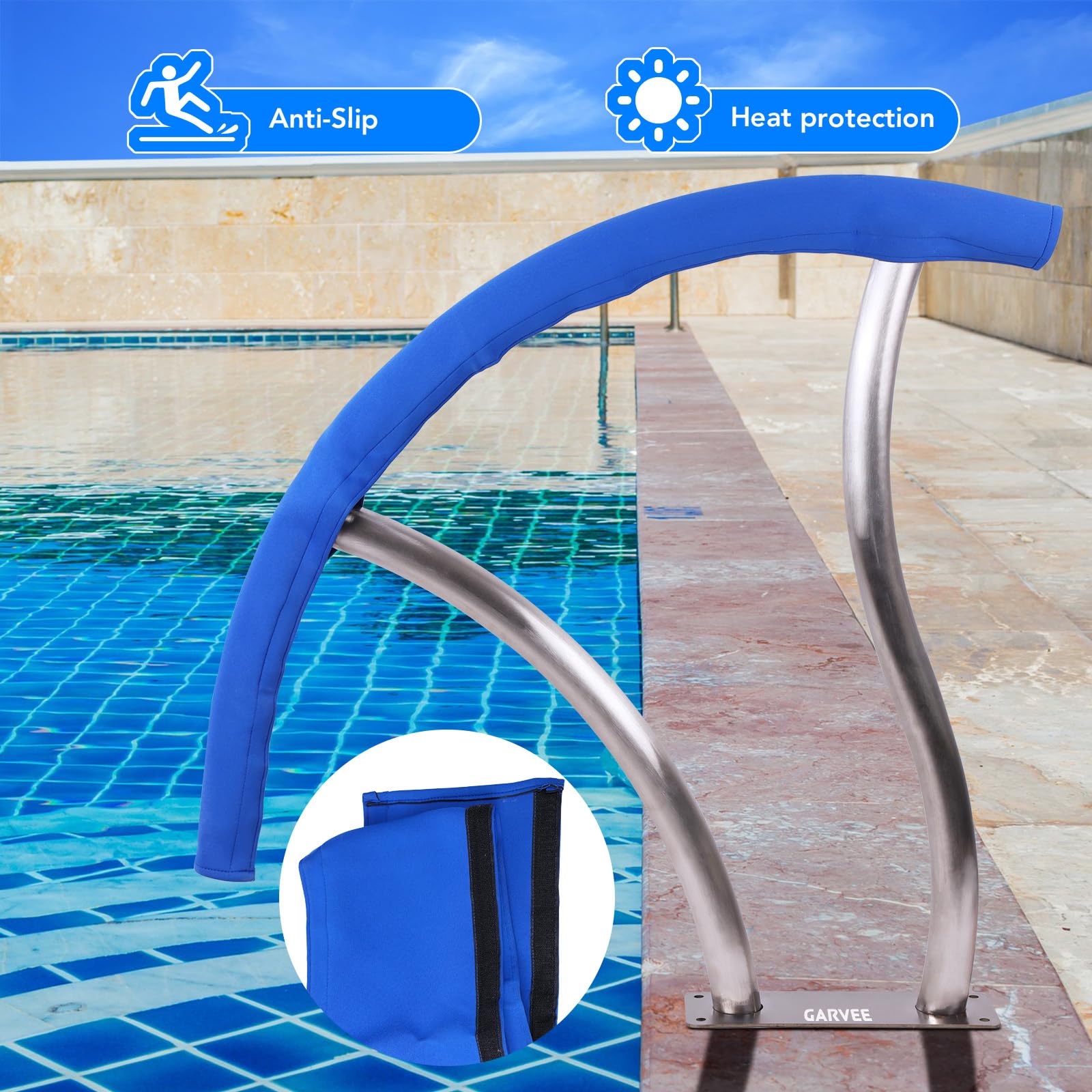 Garvee Pasamanos De Piscina De Acero Inoxidable, Par De 2, Plata | Con recubrimiento de agarre azul y montaje empotrado, para piscinas enterradas y spa, cada pasamanos mide 76 x 76 cm