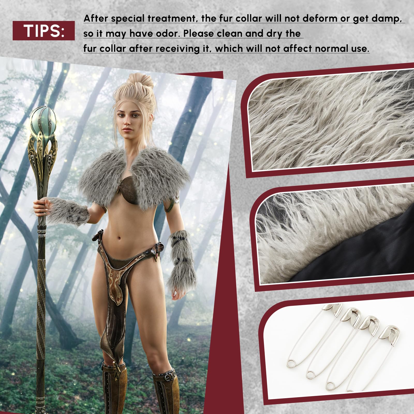 Geyoga 3 Pcs Women Viking Costume Faux Woolen Fur Collar Shawl Cuffs Medieval Outfit Accessories for Halloween Cosplay(Gray) - Image 2