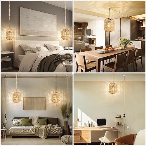 Miniatura 7 de Lámpara colgante enchufable, cable de cuerda de cáñamo de 15 pies, luces colgantes con cable de enchufe, lámpara colgante de ratán regulable,