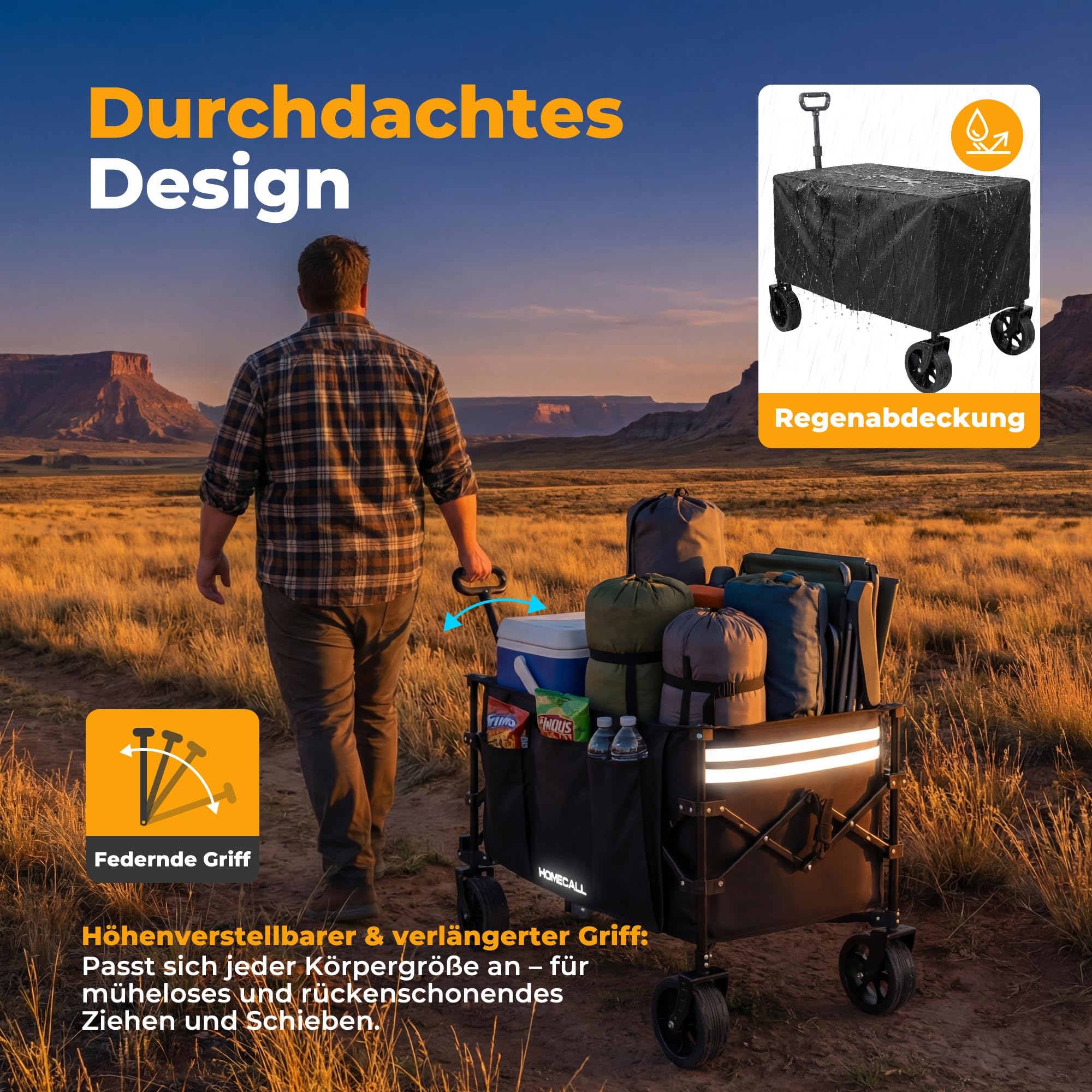 Bollerwagen Faltbar 200L 200KG Belastbar, Strandwagen Klappbar mit Regenschutz, Reflektorstreifen, Bremsen; Breite Reifen All Terrain Faltbarer Strandwagen Für Camping, Strand, Outdoor