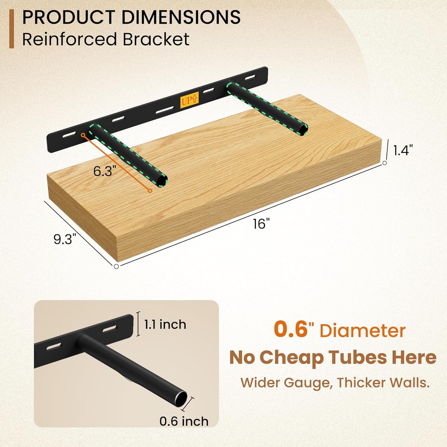 Fun Memories 16 Inch Floating Shelves for Wall, 9.3Inch Deep Floating Shelf, Extra Deeper & Thicker Wall Mounted Storage Shelf for Kitchen, Farmhouse, Oak, 2 Pack