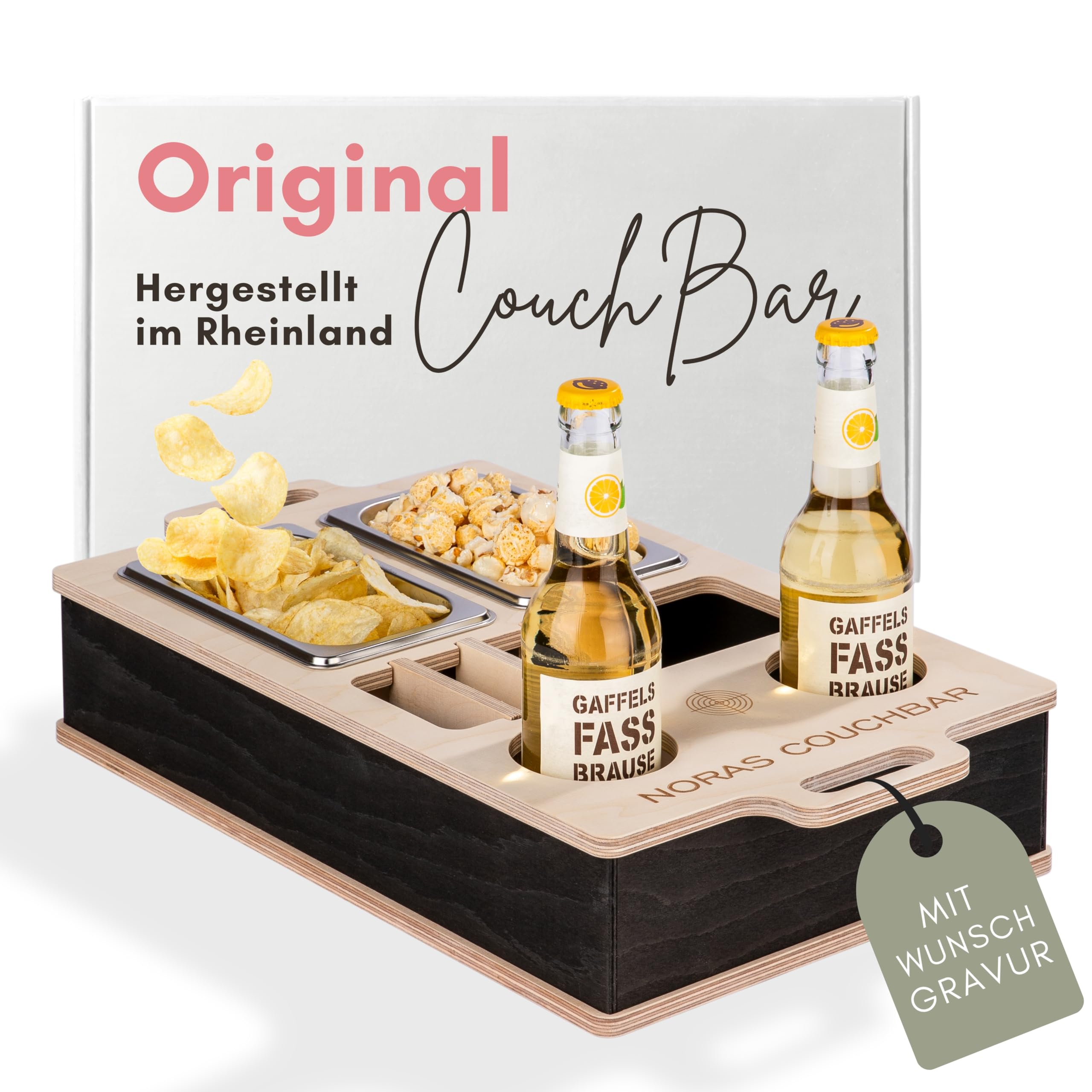 INEXTERIOR CouchBar - PERSONALISIERBAR - handgefertigt in Deutschland - Zwei Snackschalen, Organizer und Flaschenhalter - Couchbutler couchorganizer Sofaorganizer Sofaablage Tablett Couchbutler