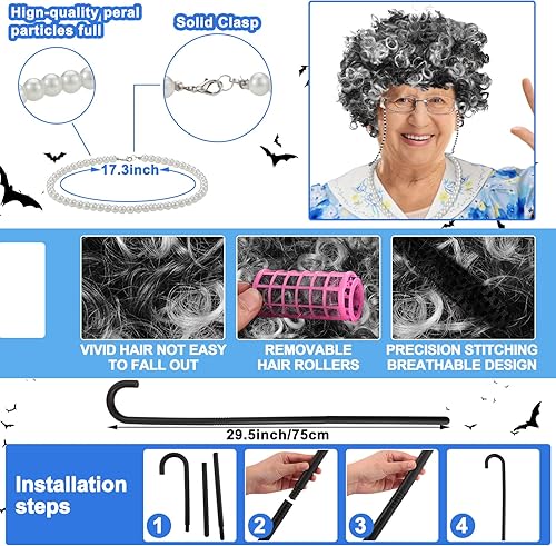 Miniatura 2 de Jiuguva 7 piezas de disfraz de anciana para niños y mujeres trajes gruesos de manga corta bata de anciana peluca plegable con muletas y lentes de