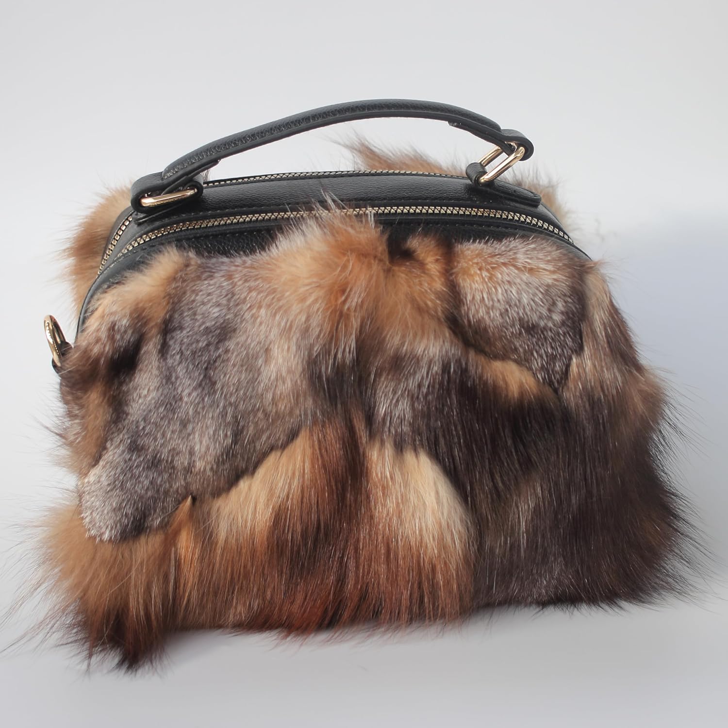 Luxury Genuine Nordic Fox Fur Small Square Handbag, Leather Purse with Detachable Crossbody Strap, Elegant and Fashion