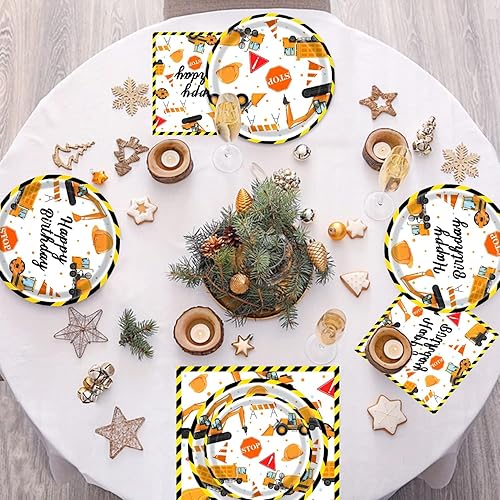Miniatura 5 de Suministros para fiesta de cumpleaños de construcción, juego de suministros para fiestas de construcción, incluye platos, servilletas, cubiertos