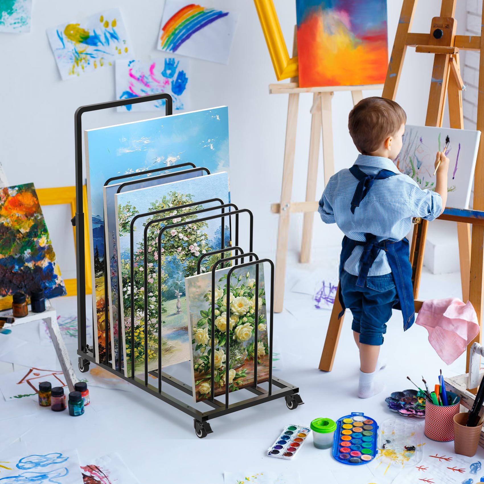 uyoyous Mobiler künstlicher Trockenständer 100 x 80 x 45 cm Einstellbarer Intervall-Wäscheständer mit Rollen und Bremse, geeignet für Kunsttücher und Kunstwerke