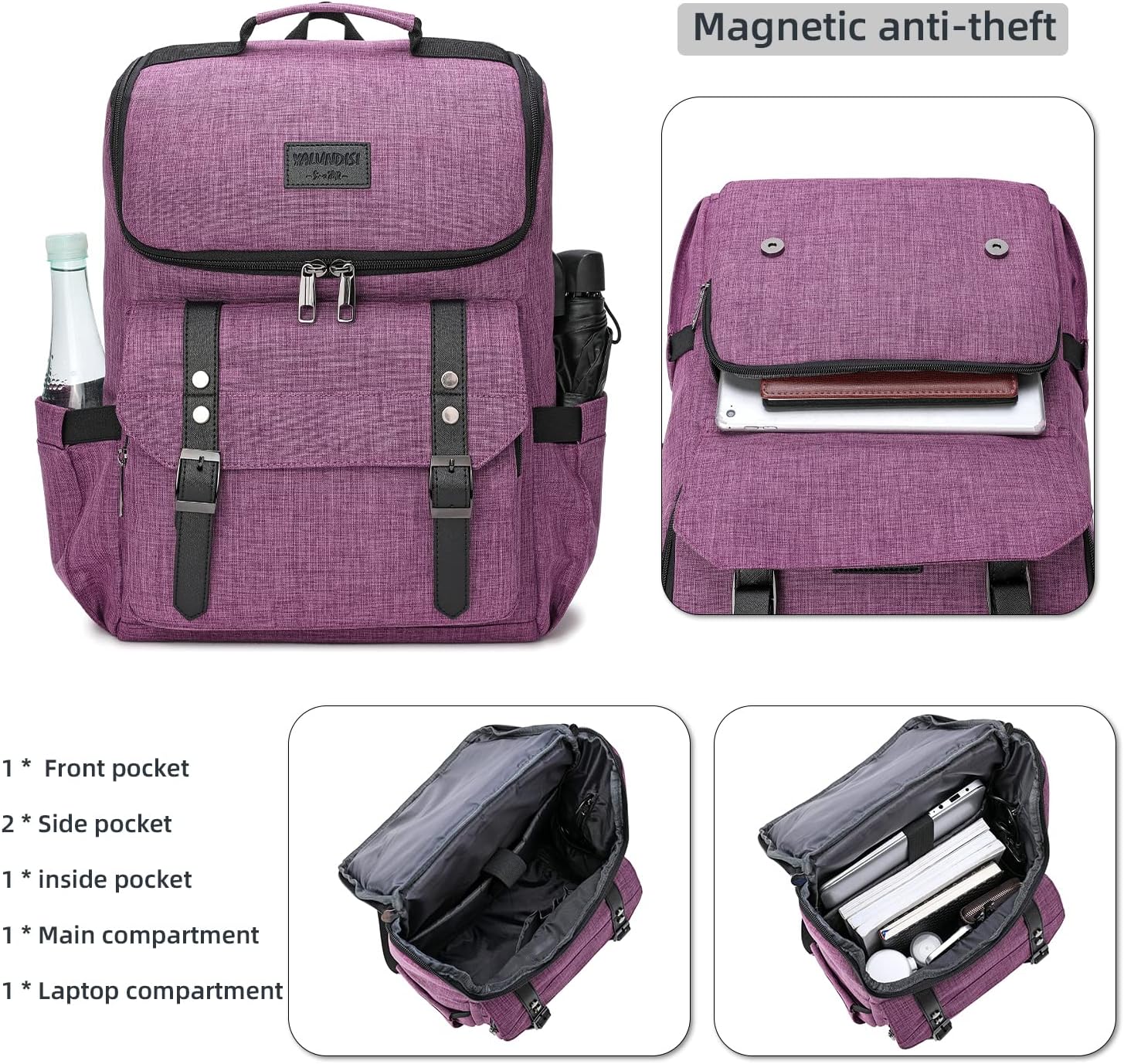 YALUNDISI Vintage Backpack Travel Laptop Backpack with usb Charging Port for Women & Men College Backpack Fits 15.6 Inch Laptop Purple - Image 4