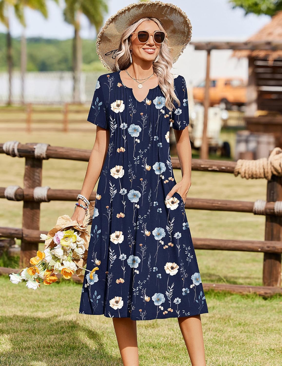 Zeagoo Summer Dresses for Women 2026 Casual Short Sleeve Aline Midi Dress with Pocket Flowy Pleated Tshirt Beach Sundress - Image 3