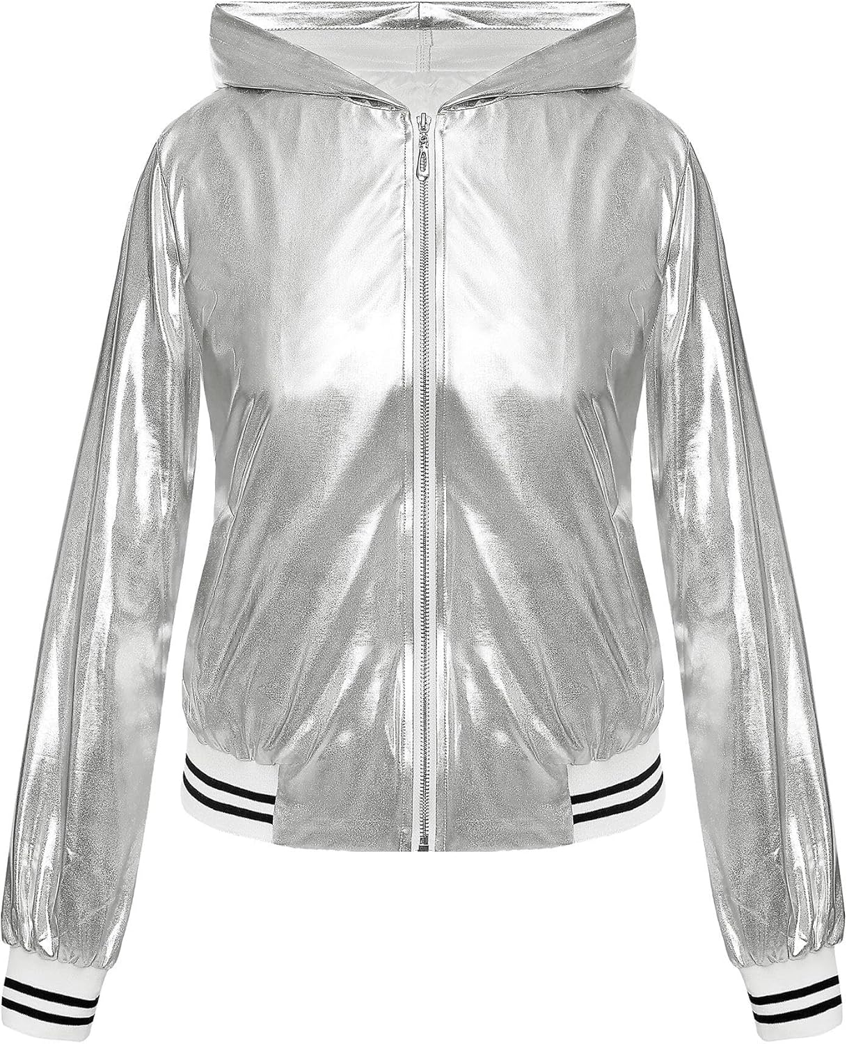 Women Silver Metallic Holographic Glitter Jacket Sparkly Zipper Hooded Concert Rave Party Bomber Jackets with Pocket