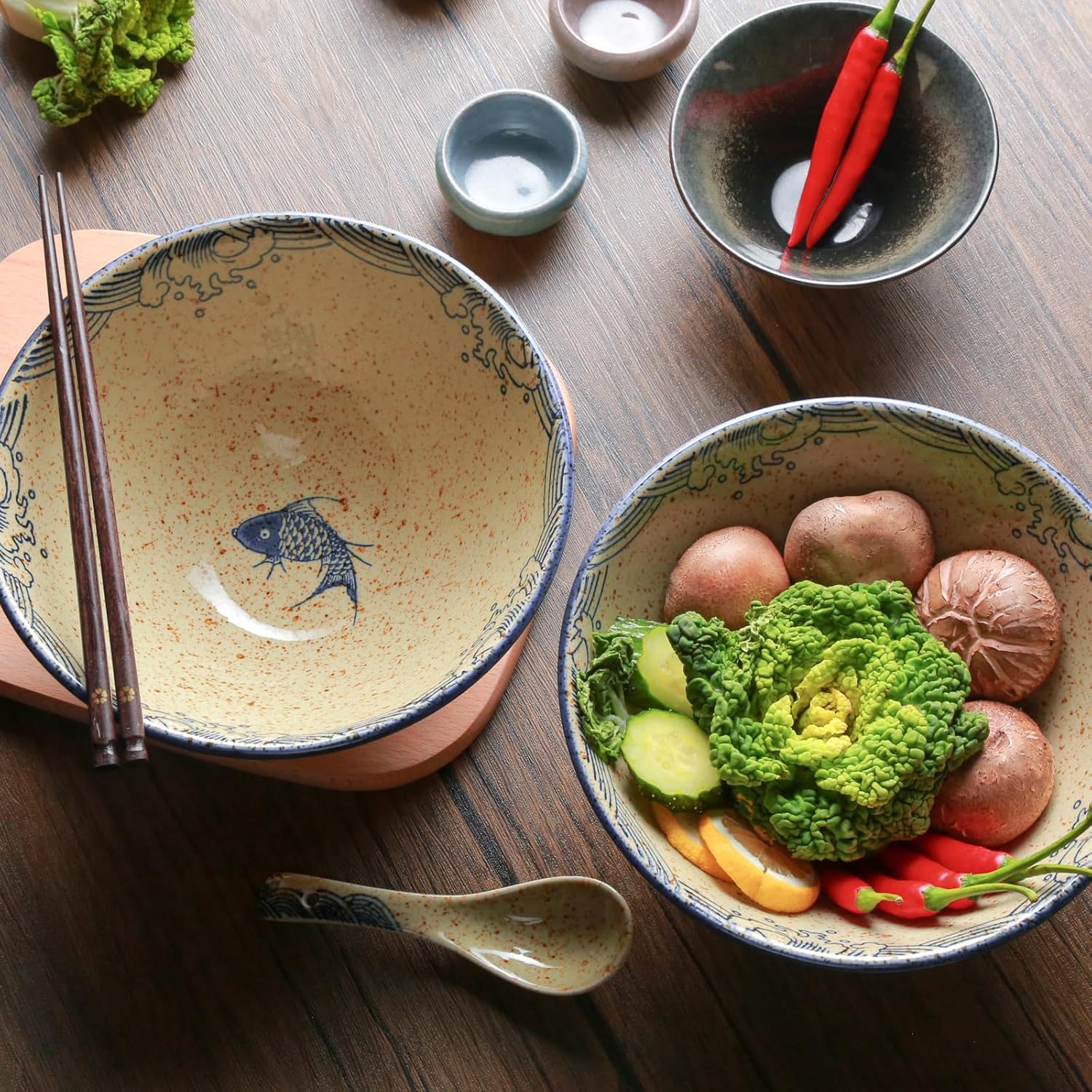 Salatschüssel aus Porzellan, Ramen-Schüssel-Set, Keramik-Nudelschüssel mit Löffeln, 1200-ml-Suppenschüsseln, japanische Ramen-Schüsseln, für Salat, Pho, Pasta, Udon, Fisch
