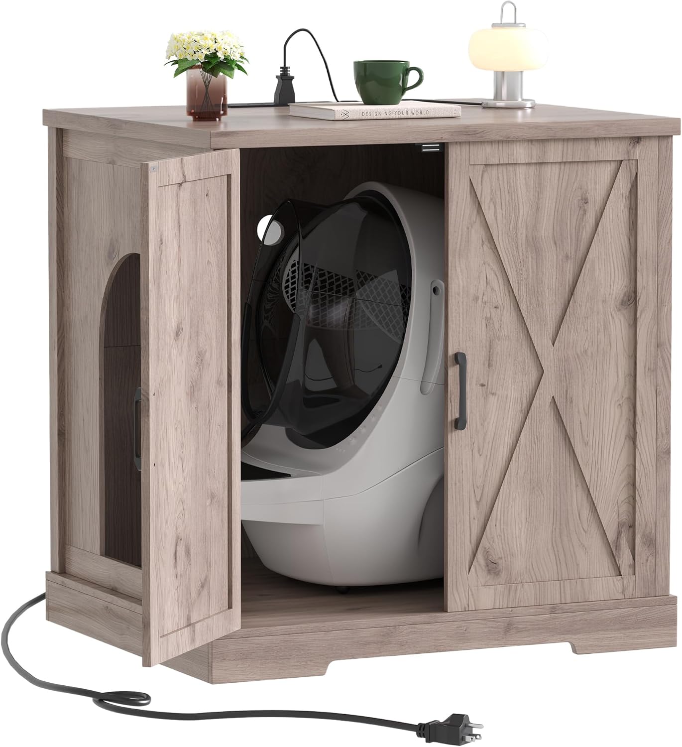 Hey-brother Enclosure for Self Cleaning Cat Litter Box, Large Hidden Litter Box Furniture with Charging Station, Suitable for Automatic Cats Litter Boxes and Robot, Vintage, Rustic Gray JCLB004SG