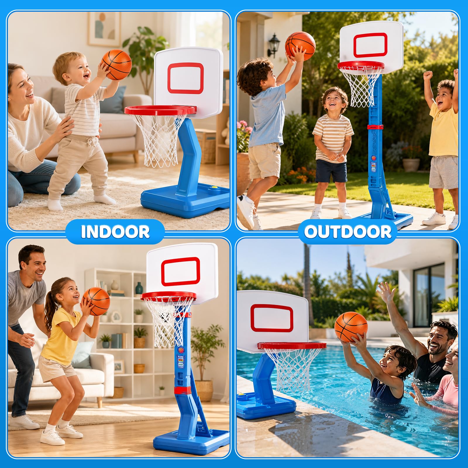 Canestro da basket regolabile in altezza, per bambini di età compresa tra 3, 4, 5, 6, 7 e 8 anni, con supporto per piscina, giocattolo per interni ed esterni, giardino