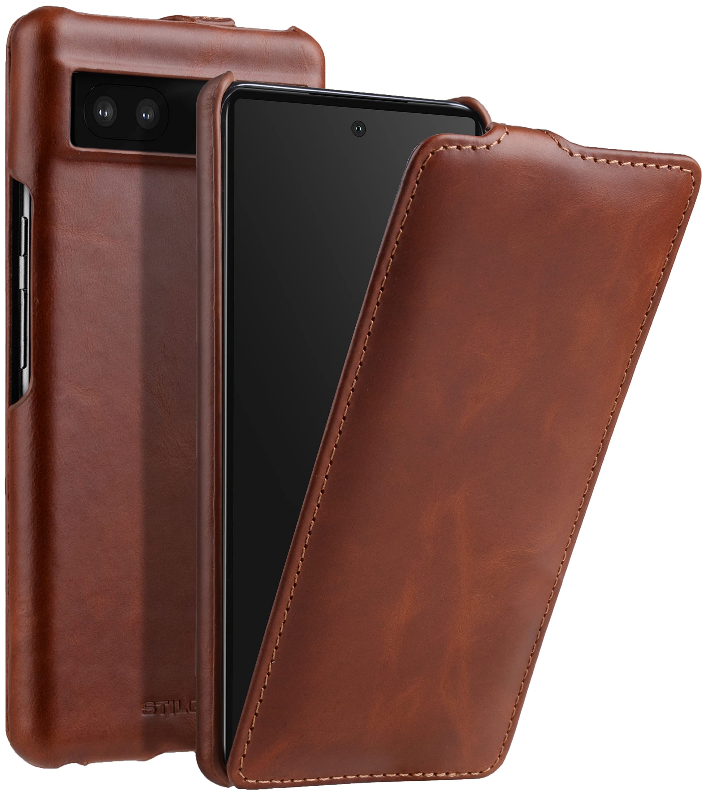 STILGUT Etui Compatible avec Google Pixel 7 Pro Coque à Rabat latéral en Cuir véritable, Cognac