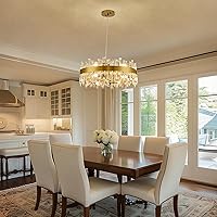 Vista 3 de Siljoy Candelabro moderno de cristal de 12 luces de oro cepillado de 2 niveles con forma de gota de lluvia de cristal, ajustable, montaje al ras