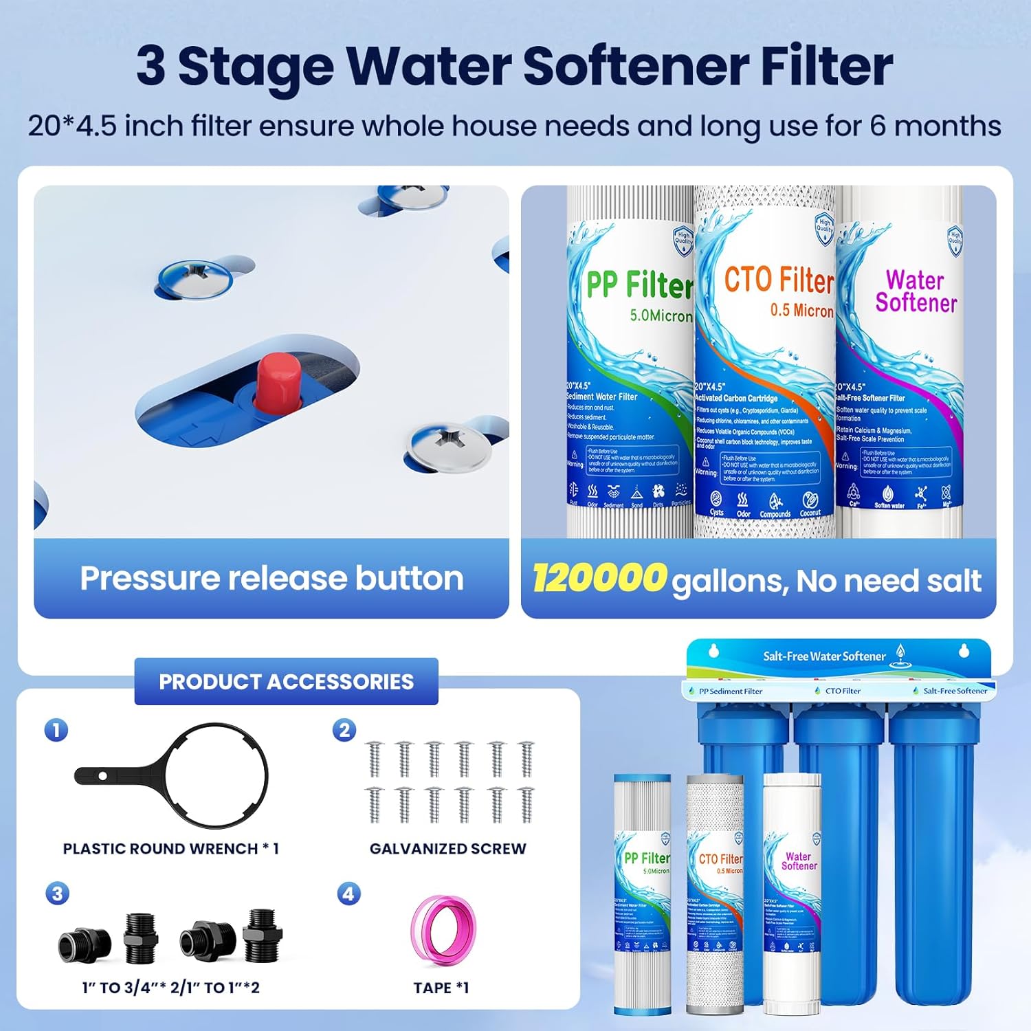 Whole House Salt Free Water Softener, Salt-Free Water Filter System, Prevent Water Scale Buildup, Salt-Free Water Softener Alternative, Without Salt and No Waste Water, Protect Appliances, 1" FNPT