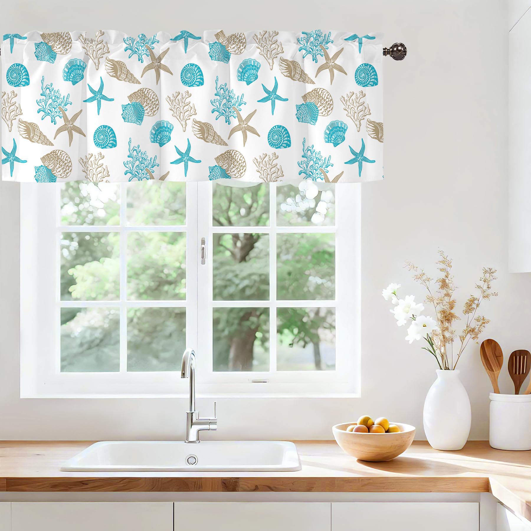 Beach Seashell Window Valance, Short Rod Pocket Curtain Sheer 42x12 in