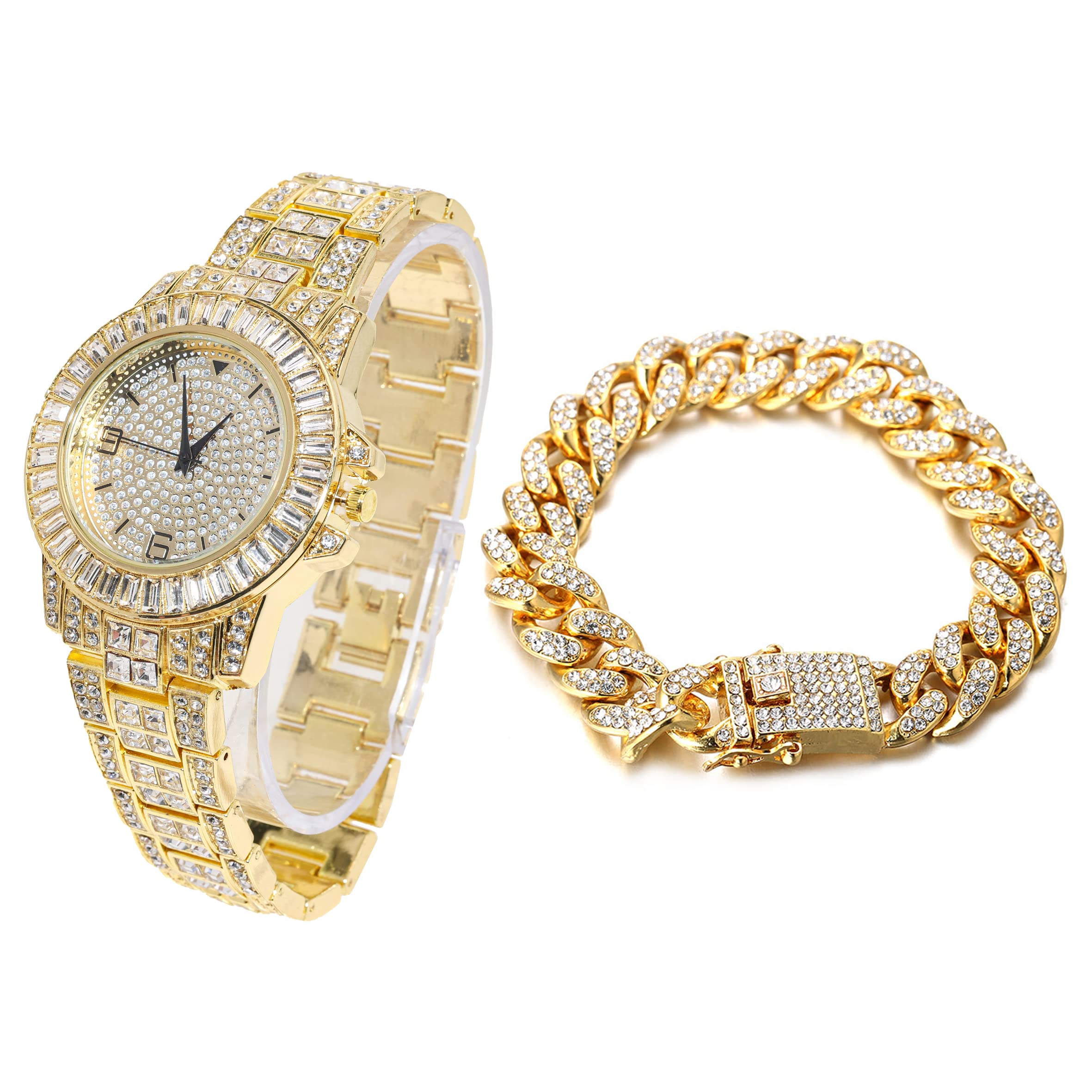 HALUKAKAHDiamonds Gold Watch Iced Out, Men's 18K Real Gold/Platinum White Gold Plated 38MM Width Round Dial Quartz Wristband 22cm with Cuban Link Chain 20+45cm Necklace Bracelet, Free Giftbox