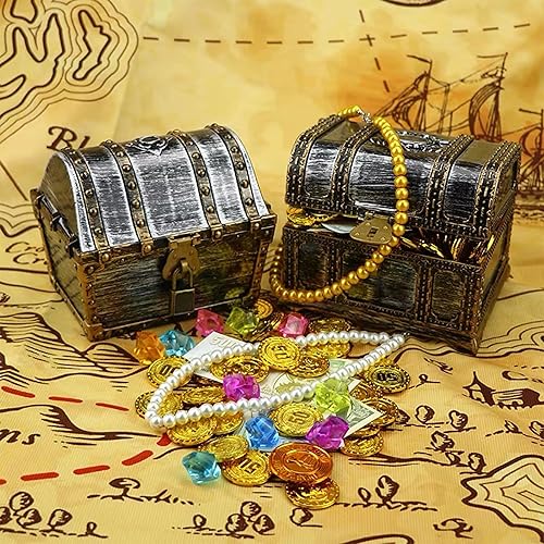 Miniatura 5 de Cofre del tesoro pirata para niños pequeña caja del tesoro con cerradura y llave, caja de colección vintage de plástico para almacenamiento de