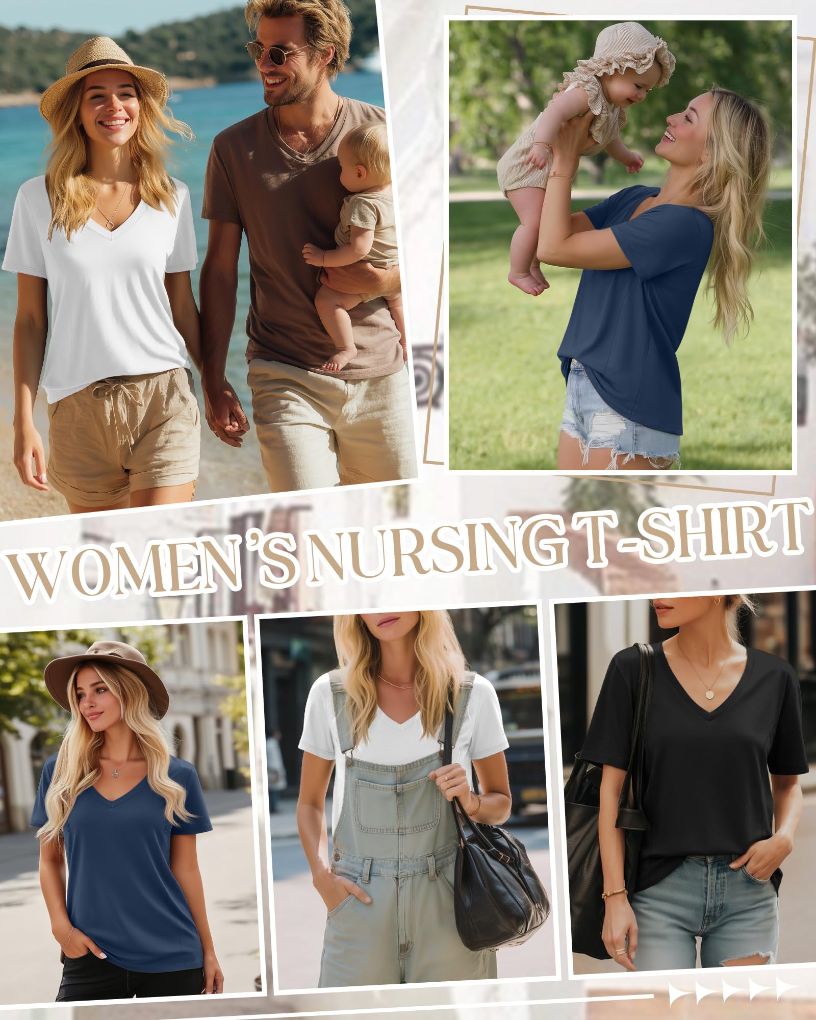 Xuniea Lot de 3 Hauts D’Allaitement pour Femmes, T-Shirts D’Allaitement à Fermeture Éclair Cachée pour Allaiter et Tirer Le Lait, Col V Manches Courtes