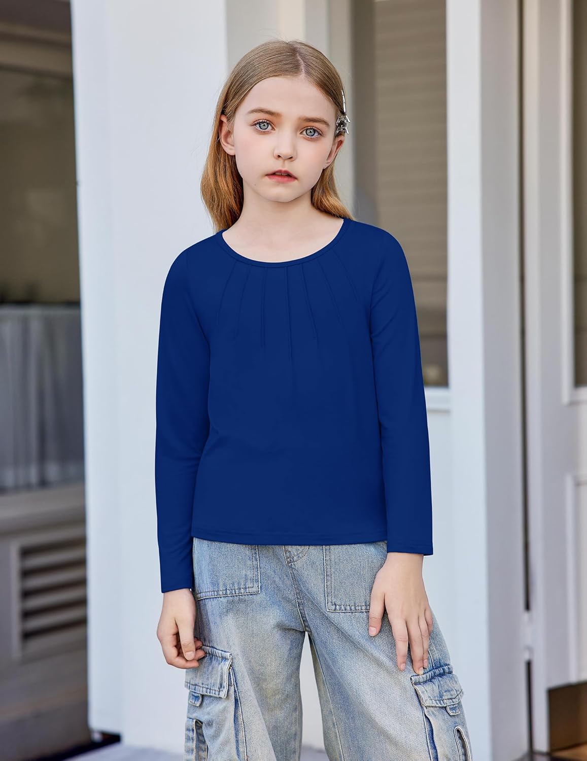 Arshiner Girls Pleated Long Sleeve Shirts Crewneck Casual Fashion Tops Blouse Tee - Image 2
