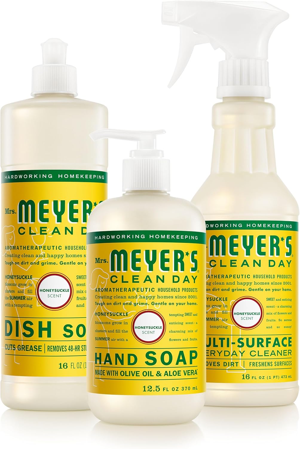 Mrs. MEYER'S CLEAN DAY Kitchen Basics Set, Honeysuckle Scent Cleaning Supplies includes Hand Soap (12.5 Fl Oz), Dish Soap (16 Fl Oz) and Multi-Surface Cleaner (16 Fl Oz)