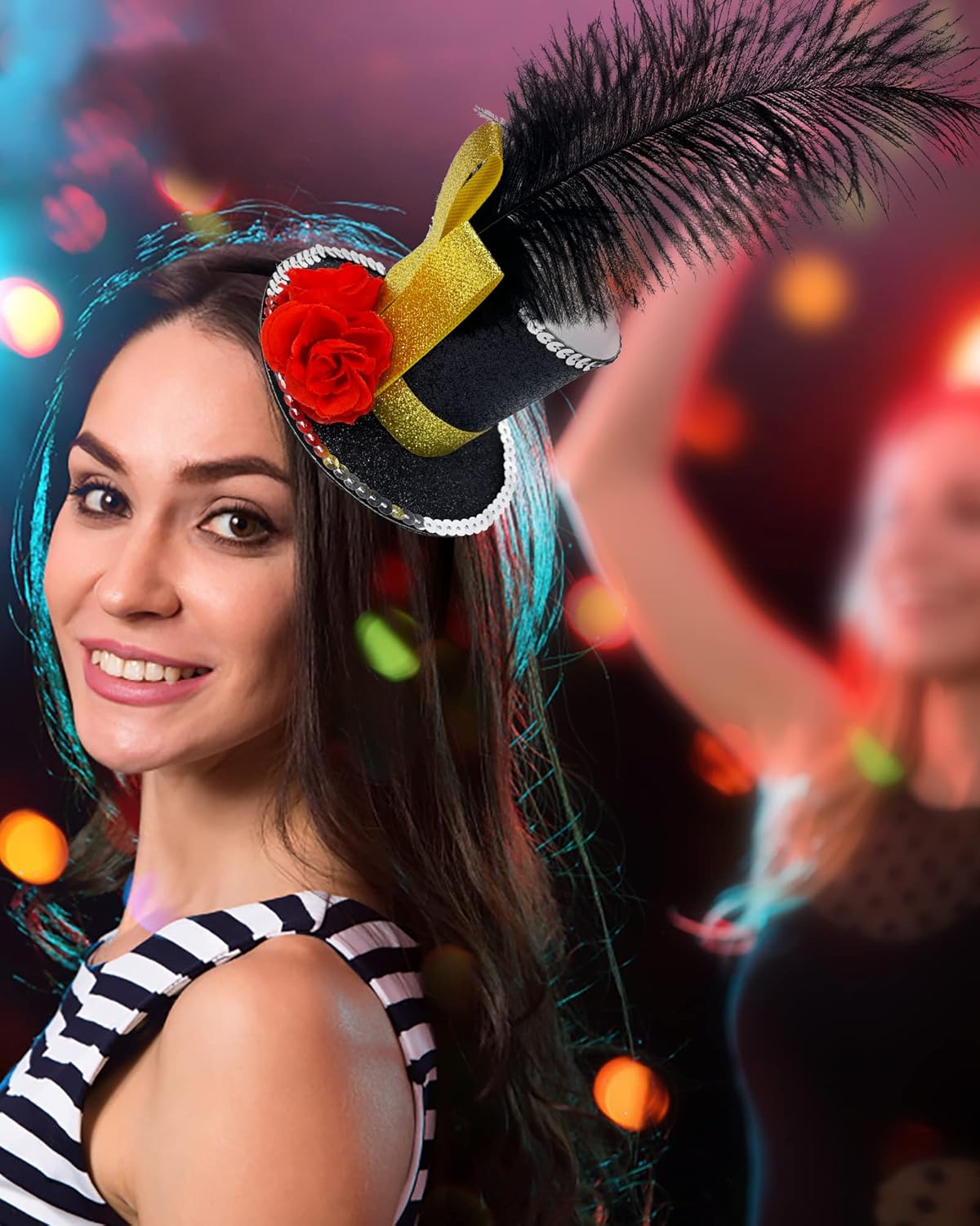 Black Mini Top Hat Headband Fascinator Ostrich Feather Top Hat for Ringmaster Circus Costume Accessories Party Derby Tea Party Halloween Carnival Mardi Gras Xmas - Image 4