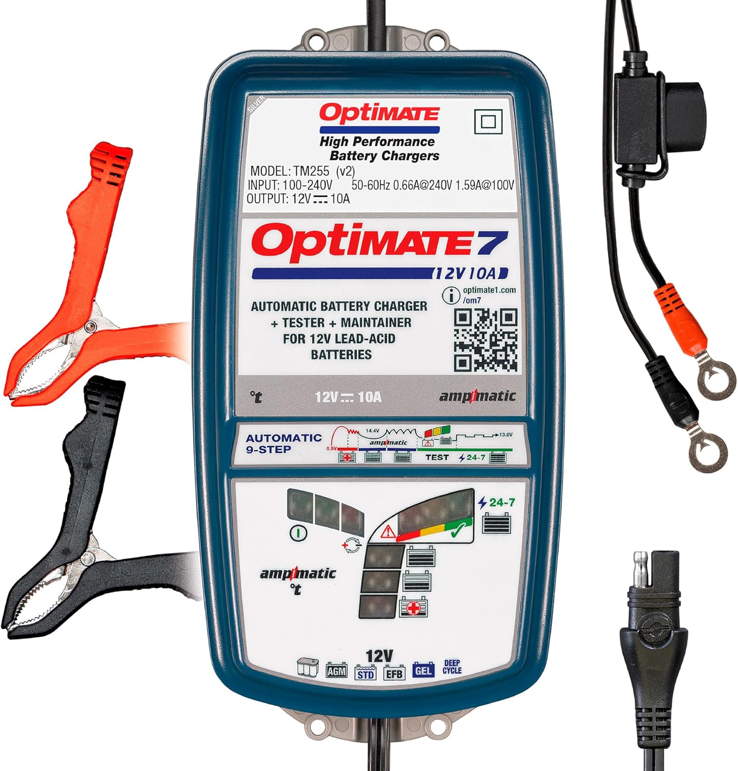 Tecmate Optimate 7 Ampmatic, TM-255v2, 9-Step 12V 10A Sealed Battery Saving Charger & maintainer