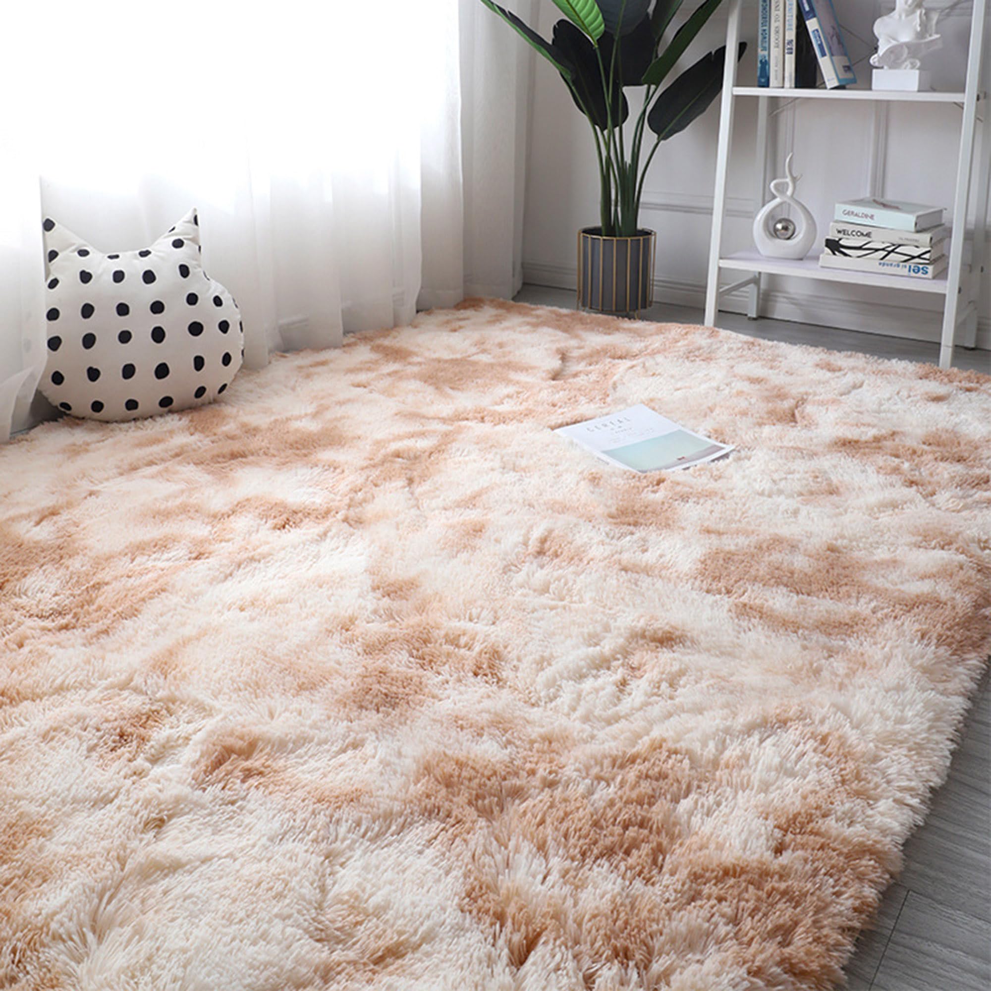 Grand tapis salon 200x300 cm camel à poils longs et doux