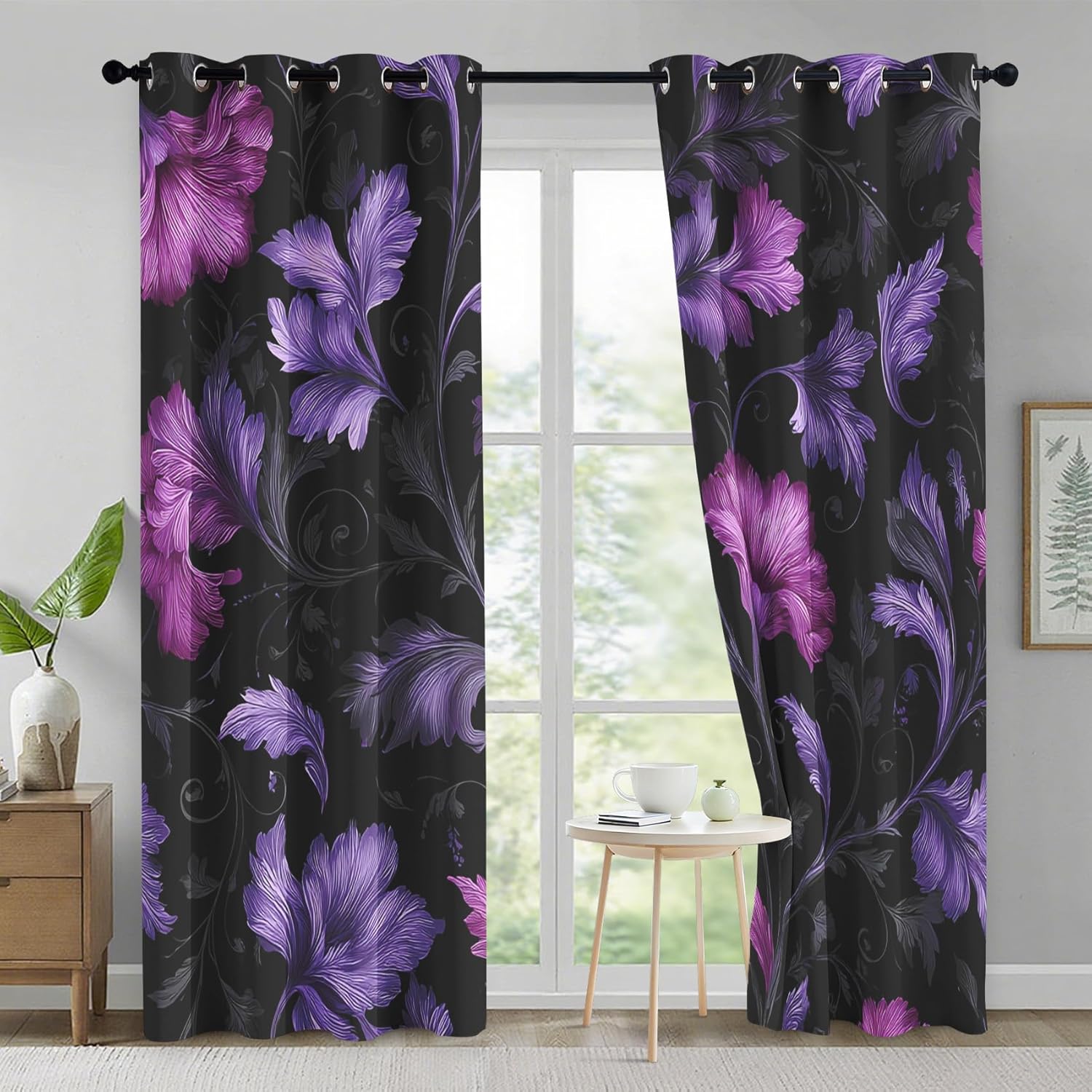 Purple Floral Curtains for Living Room 72 Inch Length, Gothic Dark Floral Blackout Curtains Bedroom Decor, Elegant Flower Grommet Thermal Black Out Window Drapes 2 Panels Pd-55