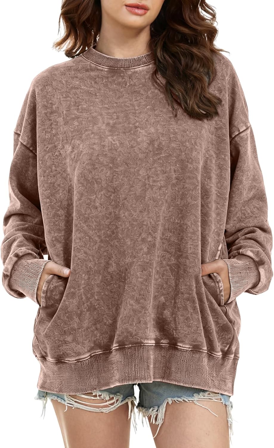Wyeysyt Oversized Sweatshirt for Women Crewneck Cotton Sweatshirts Vintage Acid Wash Baggy Pullover with Pocket Y2k