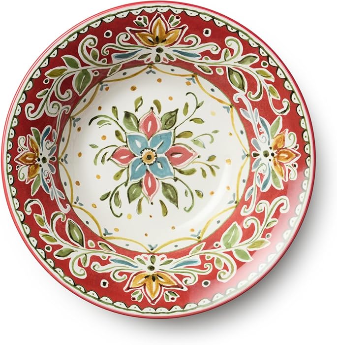 Provence 13" Ceramic Serving Bowl – 104 oz Large Vintage French Country Style Bowl for Salad, Pasta, Fruit & Entertaining – Red Green Yellow Folk Art Pattern