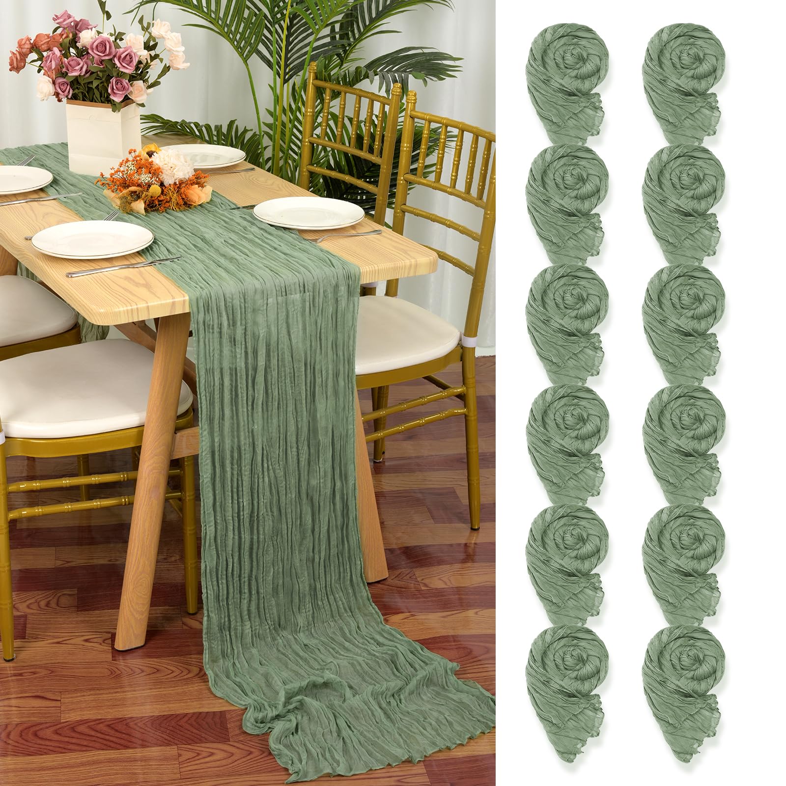 YMHPRIDE 12 Packs Cheesecloth Table Runner Sage Green, 55x300cm Green Rustic Gauze Fabric Boho Table Runner, Cheesecloth Wedding Table Decor for Wedding Party Bridal Shower Table Decorations