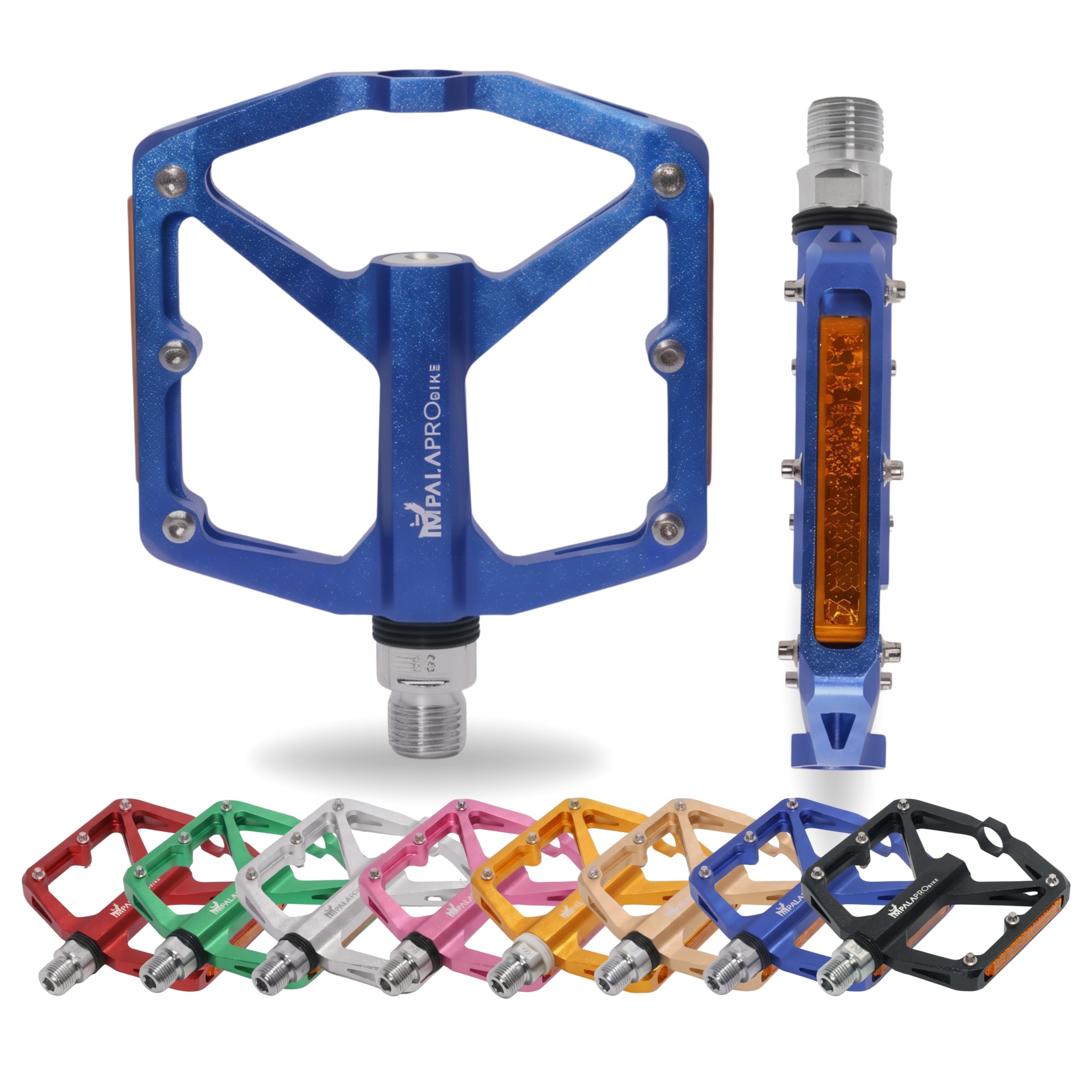 IMPALAPRO Aluminium Platform Bike Pedals with Reflectors – Lightweight Flat Bicycle Pedals 298g, Platform 100×95 mm, 12 Stainless Steel Pins – Mountain Bike Pedals, Gravel & Urban (navy blue)