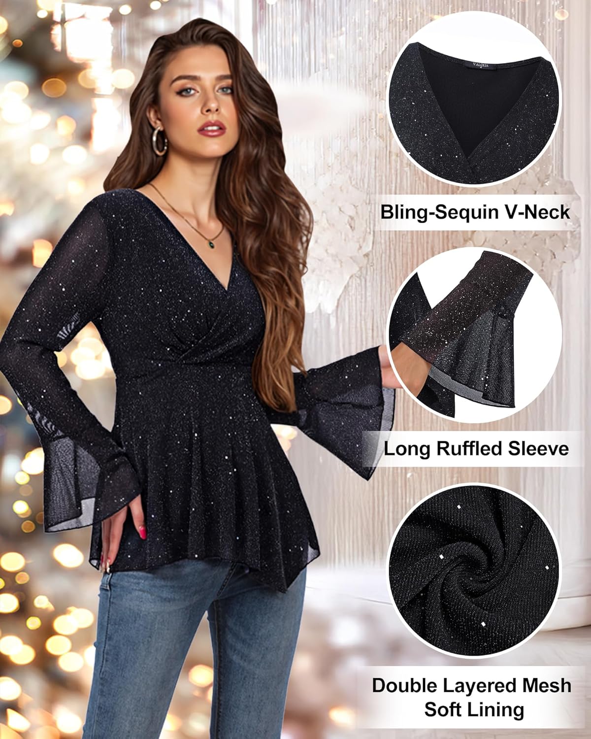 VALOLIA Women Long Sleeve Sparkly Tops V Neck Blouses Dressy Elegant Party Wrap Top - Image 5