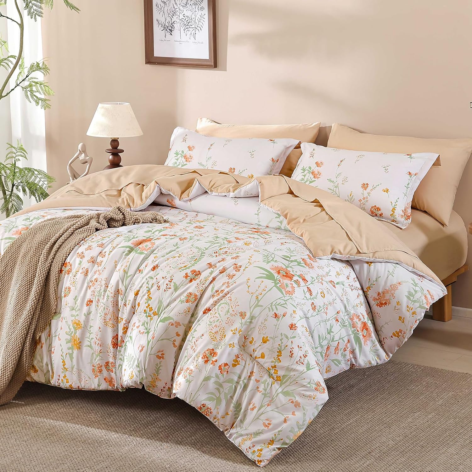 Yiran Coral Orange Watercolour Floral Comforter Set Queen Size, 7 Piece Cute Botanical Comforter Bedding Set, Bed in a Bag Queen, Soft Microfiber Complete Bedding Set with Sheets for All Season