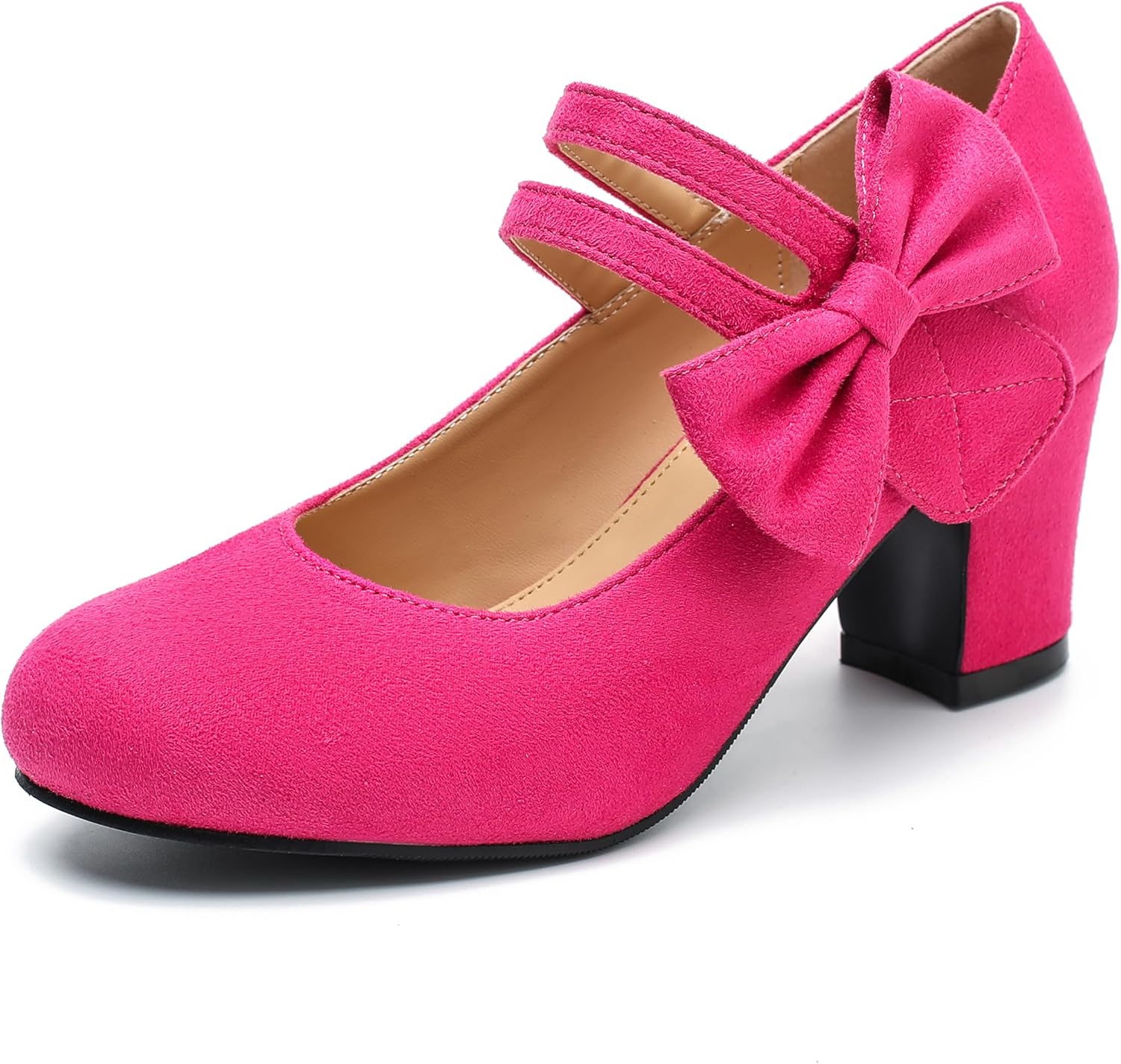 fereshte Women's Mary Jane Pumps with Bow, Round Closed Toe, Double Strap Chunky Heel Shoes