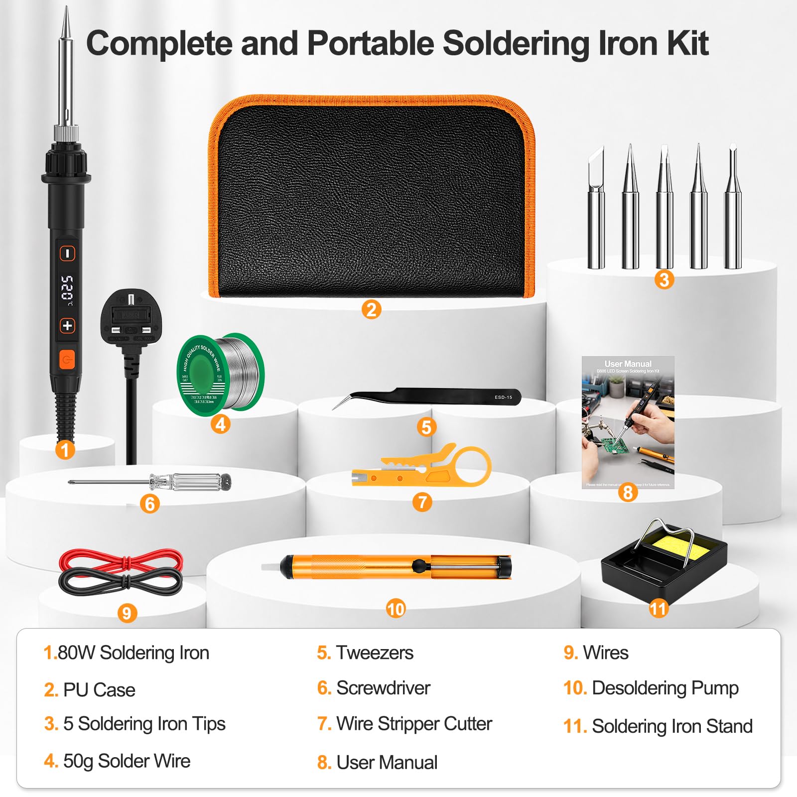 Kit de fer à souder 80 W LCD Température réglable 180-520 °C Outil de soudage électrique 15 en 1 avec interrupteur, fil à souder 50 g, 5 pointes de soudure, pompe à dessouder, pince à dénuder, support