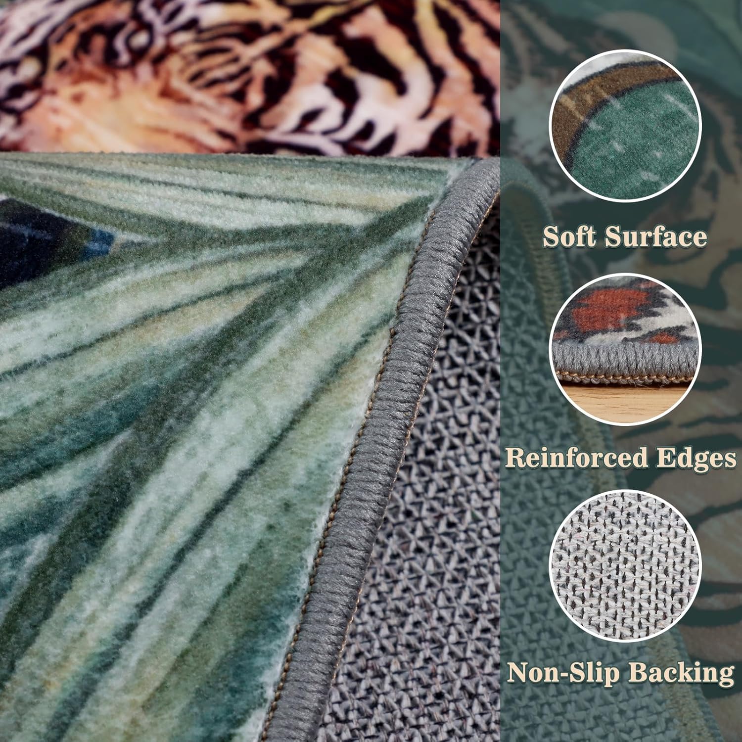 Tiger Washable Rugs 3x5ft, Green Entryway Jungle Rugs Non Slip, Soft Botanical Area Carpets for Bedroom, Low Pile Accent Floor Carpet for Kitchen Laundry Living Room Dorm Nursery Office