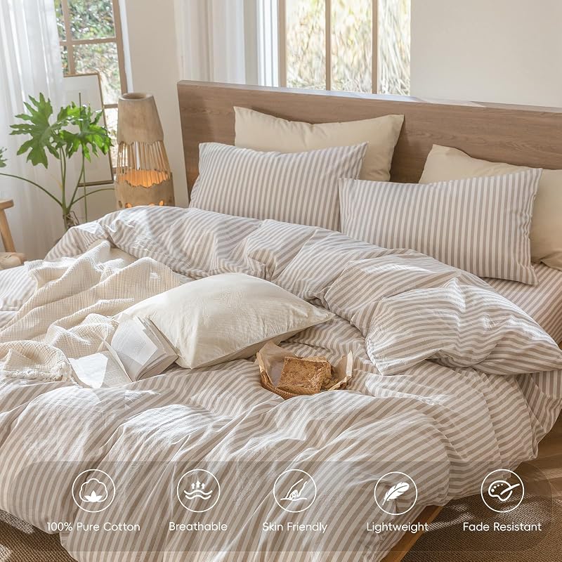 MooMee Striped Duvet Cover Set 100% Washed Cotton Linen Like Queen image 4