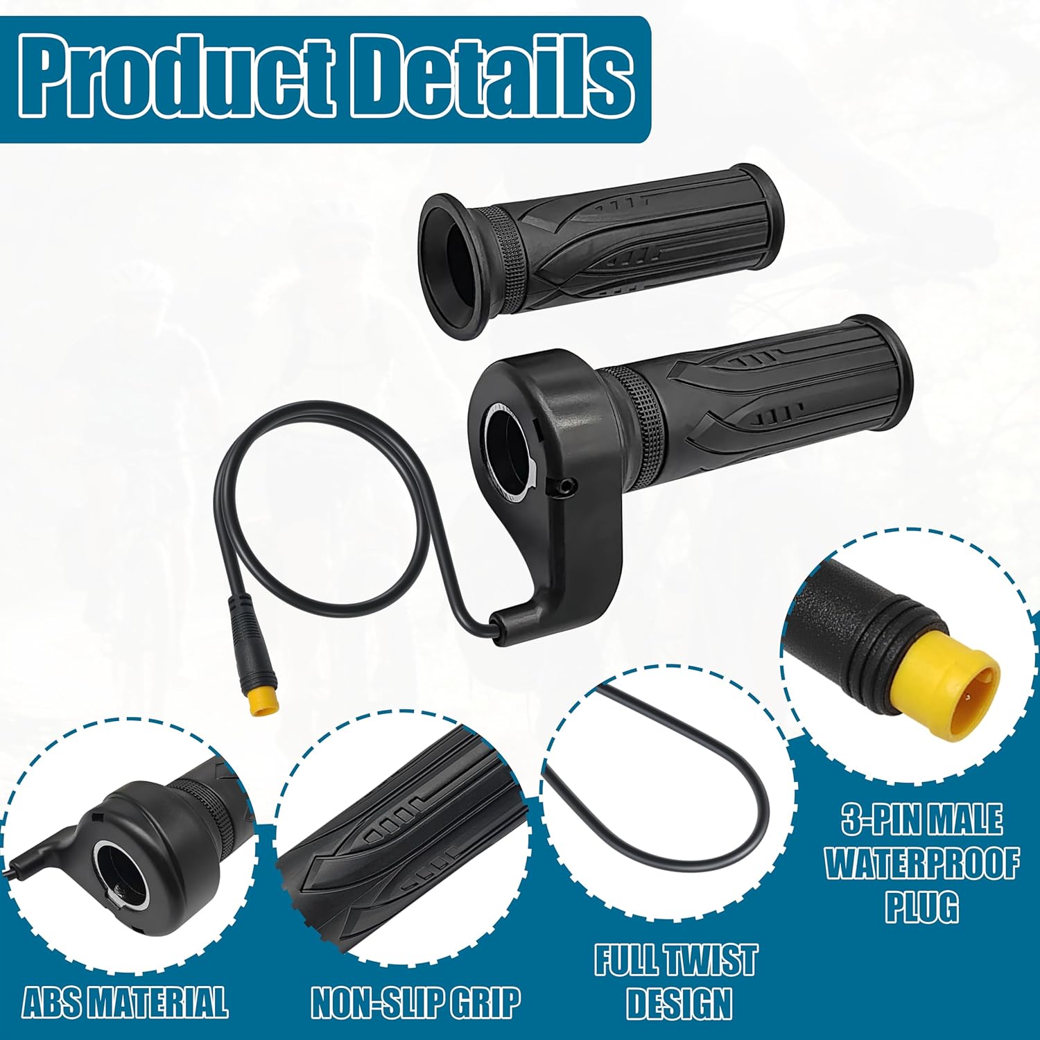20X Full Twist Throttle Grip, 3 Pin Water Proof Connection | Compatible with Ebike 12V-72V, Electric Bike Throttle, with Waterproof Connector, Electric Bicycle, E-Scooter, Mountain Bike