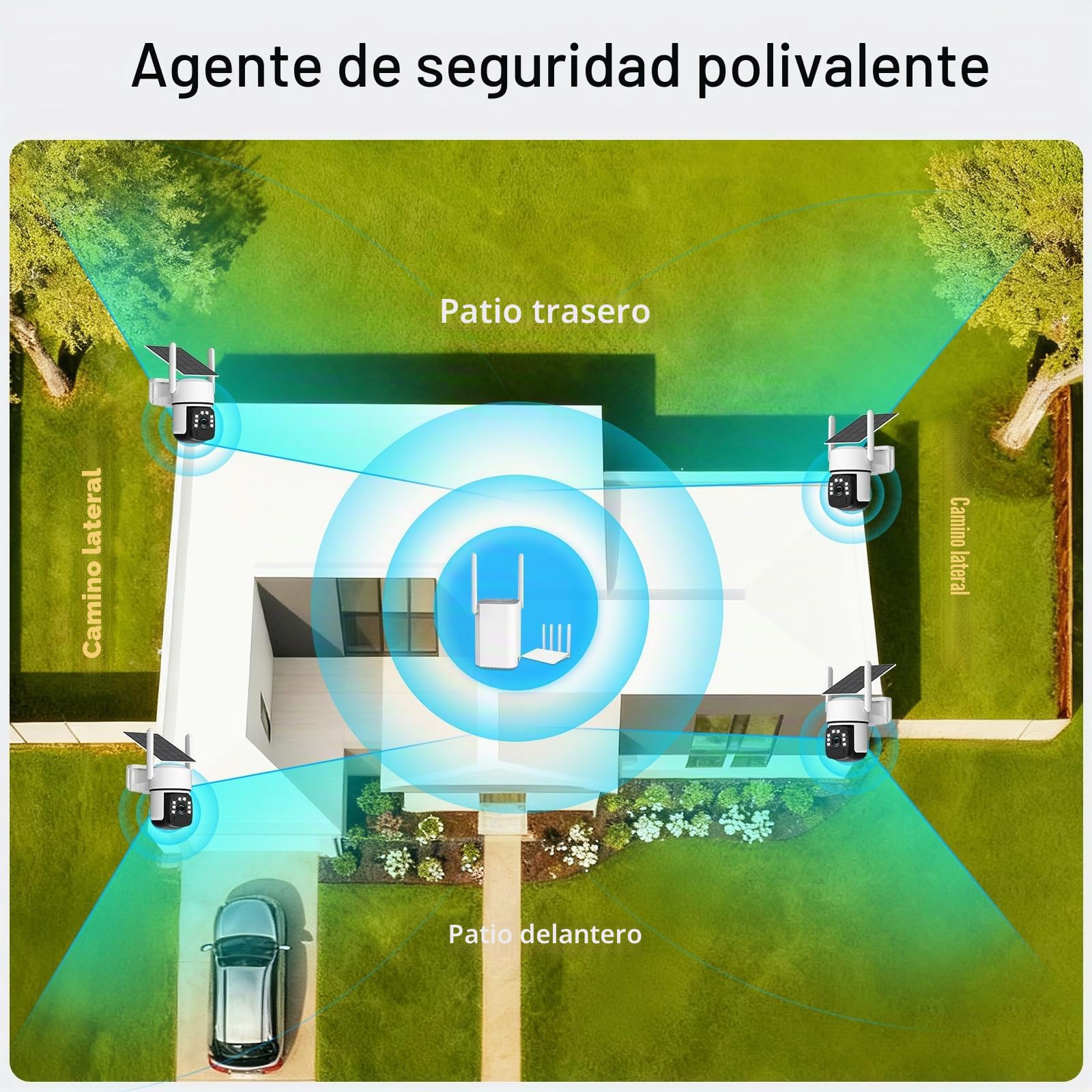 4K cámara de vigilancia WiFi Exterior sin Hilos,4 CAM-Kit con estación de hogar/Almacenamiento Local 32G/cámara Solar,Seguridad en casa PTZ a 360 °,Visión, Audio bidireccional, Monitoreo automático