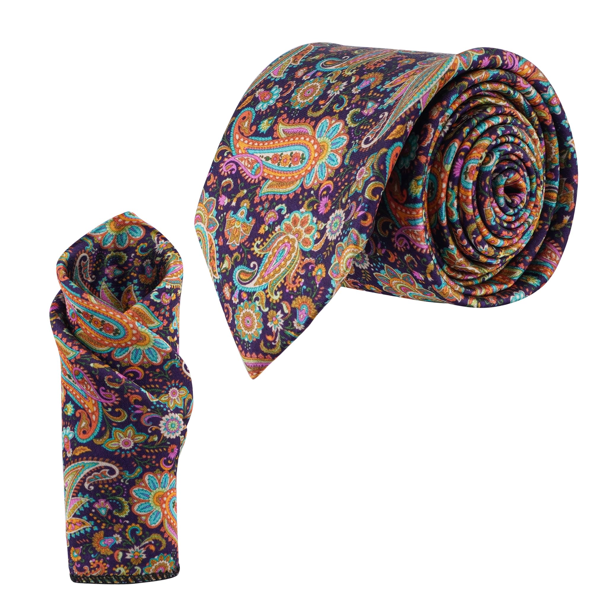 calixto Satin Paisley Printed Neck Tie for Men with Matching Pocket Square – Elegant Formal Necktie Set for Weddings, Business (Pack of 2)-picture-41