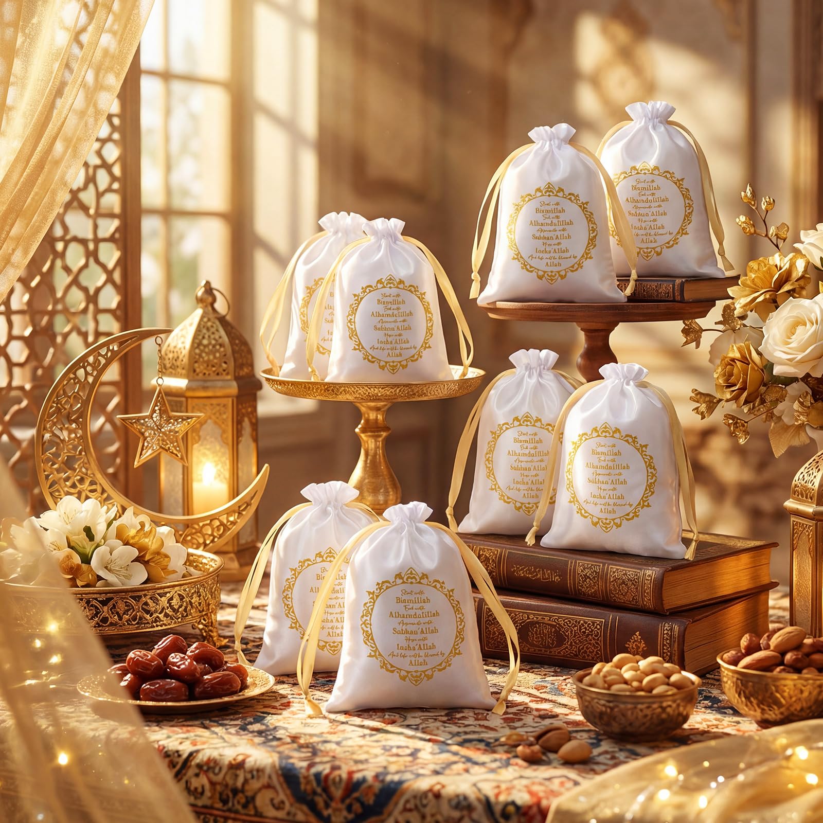 SATINIOR 36 Pcs Eid Ramadan Mubarak Satin Gift Bags 5 x 7 Inch Drawstring Eid Party Favor Silk Bags Mubarak Jewelry Pouch for Islamic Ramadan Gift Supplies Candy Bag Muslim Party Decoration