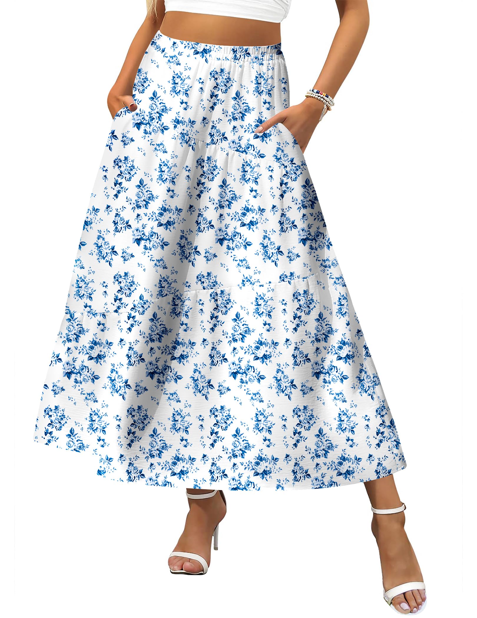 Zeagoo Women's Midi Summer 2025 Boho Elastic High Waist A-Line Flowy Swing Asymmetric Tiered Skirt Dress with Pockets