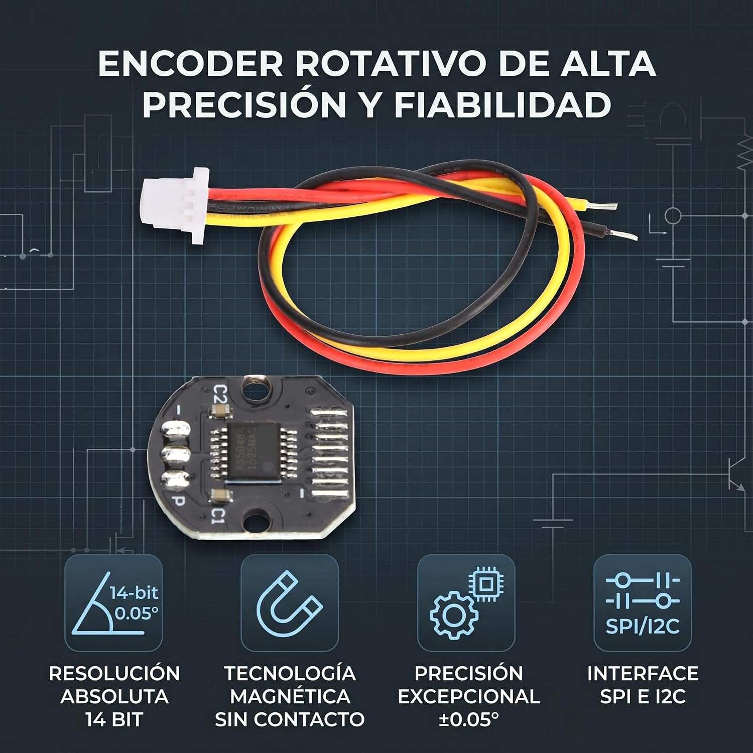 Magnetic Encoder for Stepper Motors, 14-Bit Rotary Position Sensor with PWM and SPI Output, 5V DC, 0.05 Degree Angle Accuracy
