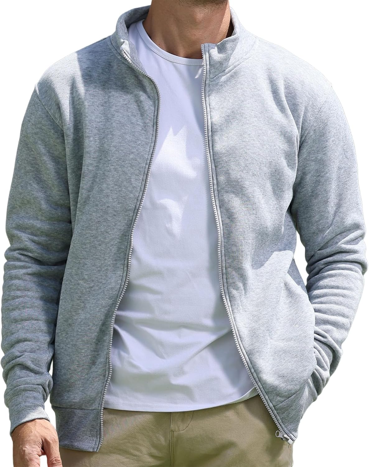 Men's Full-Zip Sweatshirt No Hood Hoodies Stand Collar Cardigan Pockets Jacket Casual & Active - Image 2